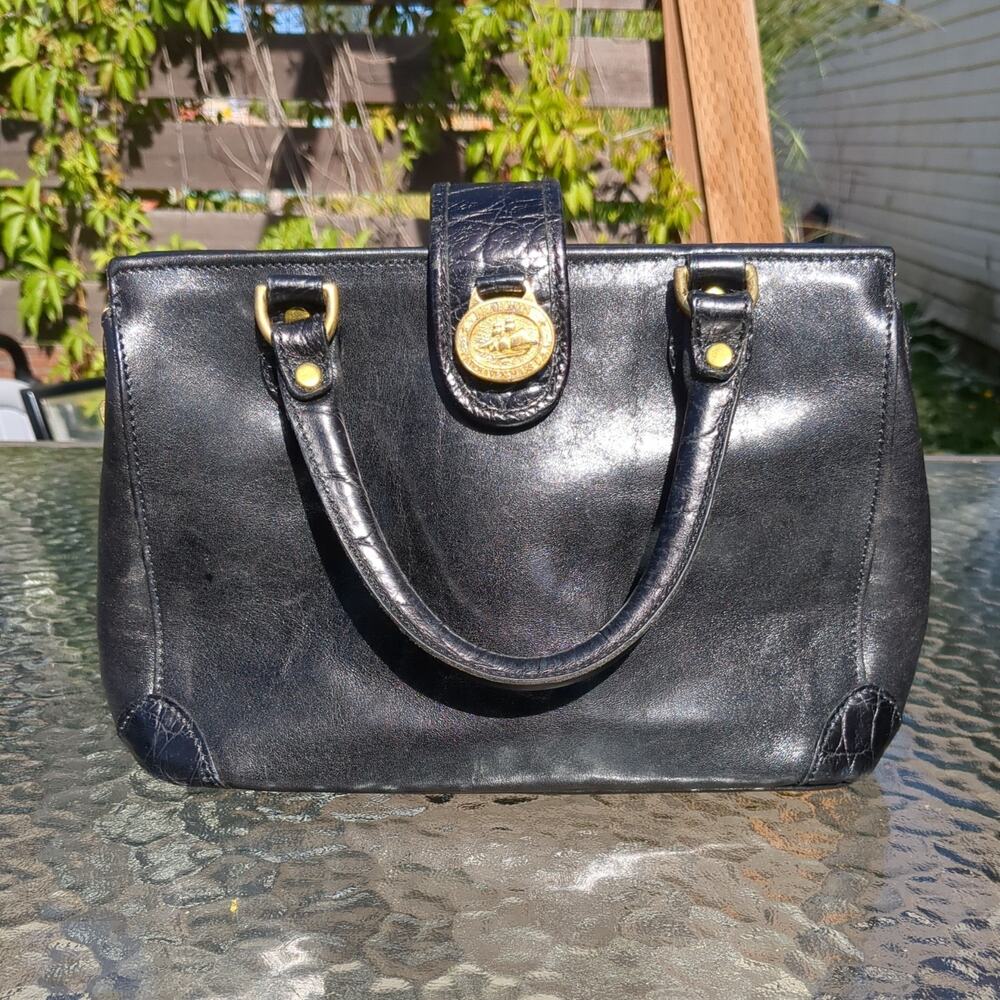 Brahmin Vintage Shoulder Black Leather zip magnetic Shoulder Purse Brass